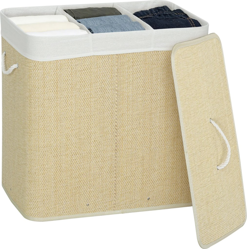 HOMCOM bambusz ruhásszennyes fedéllel, 144 L, 3 rekesz, levehető mosható bélések, 60×40×60 cm, krémszínű | Aosom