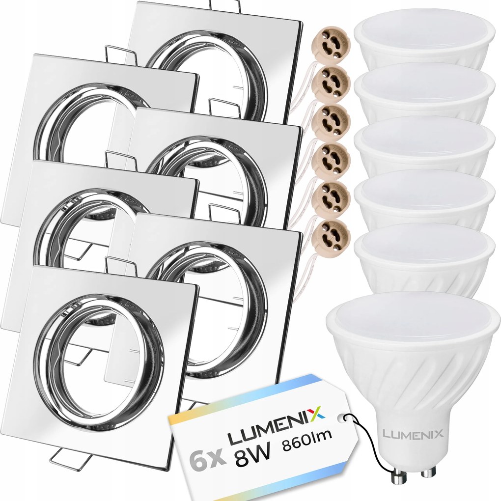 6x GU10 Led Szett 8W halogén lámpatest Króm Négyzet