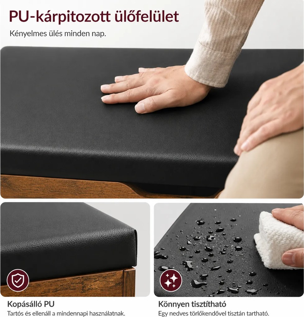 Tárolópad párnázott üléssel, 3 rekeszes cipőpad 80 x 30 x 44 cm, rusztikus barna