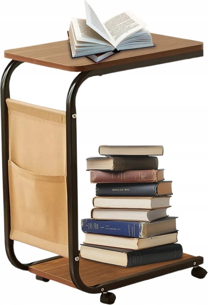 Oldalasztal Kerekekkel És Zsebbel 63CM, C-alakú, Mobil Kanapé/ágy Alá