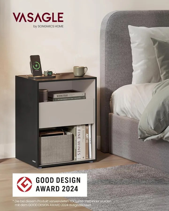 VASAGLE éjjeliszekrény, töltőfunkciós lerakóasztal, tintafekete–kapucsínó bézs