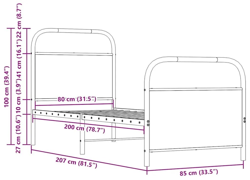 ágykeret matrac nélkül 80x200 cm füstölt tölgy fűrészelt fa