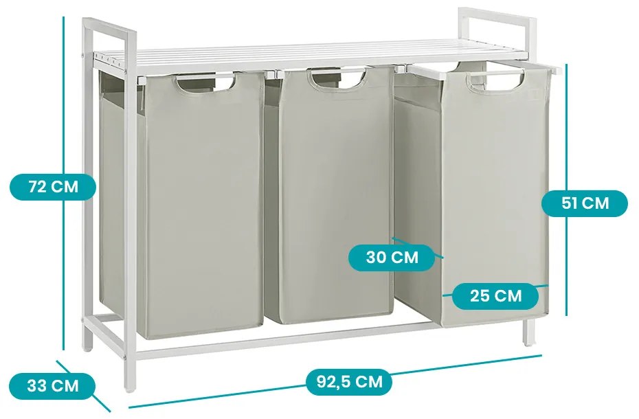 3 rekeszes szennyestartó, törtfehér