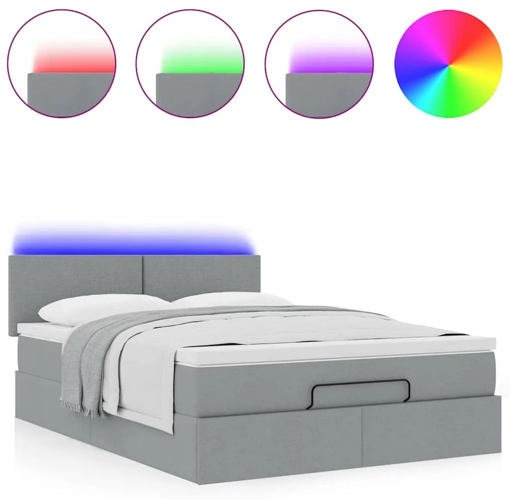 Ottomán ágy matraccal &amp; LED-ek Világosszürke 140x190 cm szövet