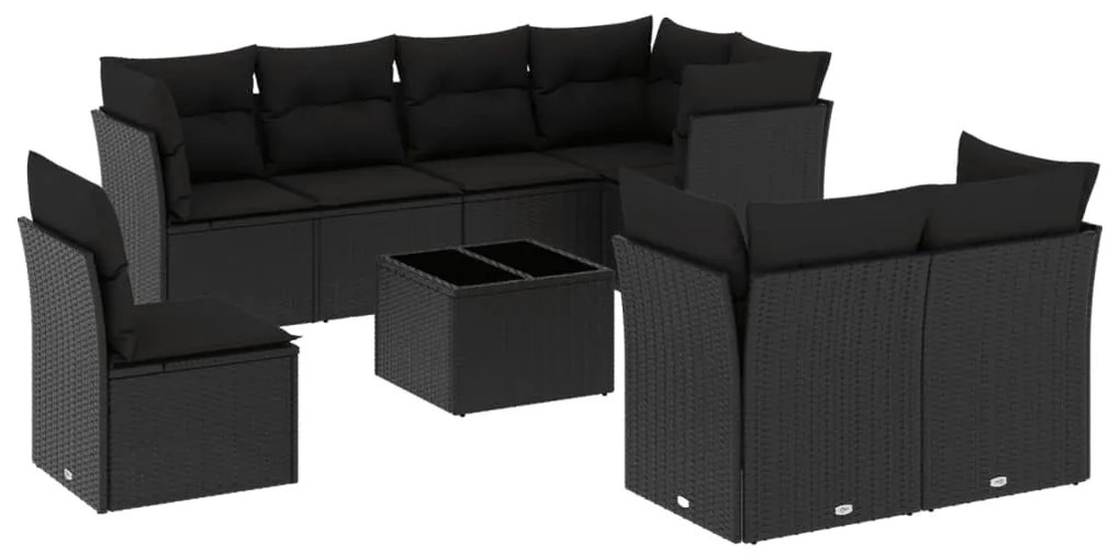 9 részes fekete polyrattan kerti ülőgarnitúra párnákkal
