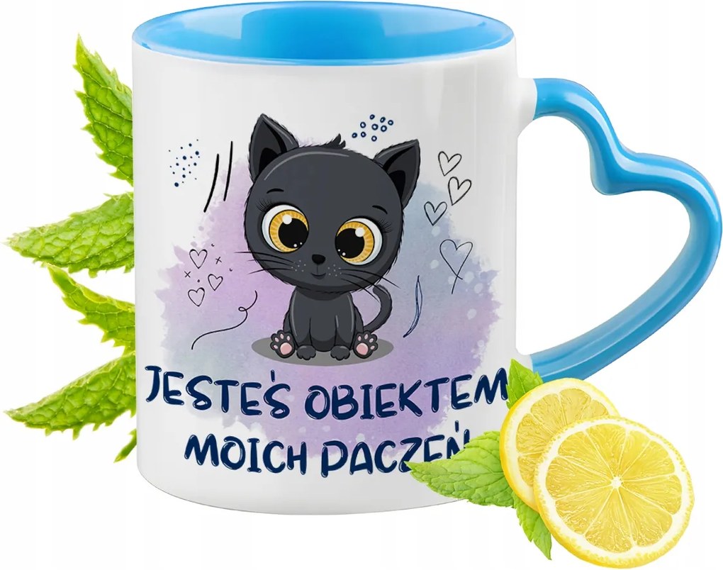 Cicák Cica Bögre Kék Szív Alakú Füllel Ajándék