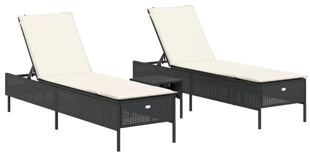 3 részes fekete polyrattan napozóágy szett párnával
