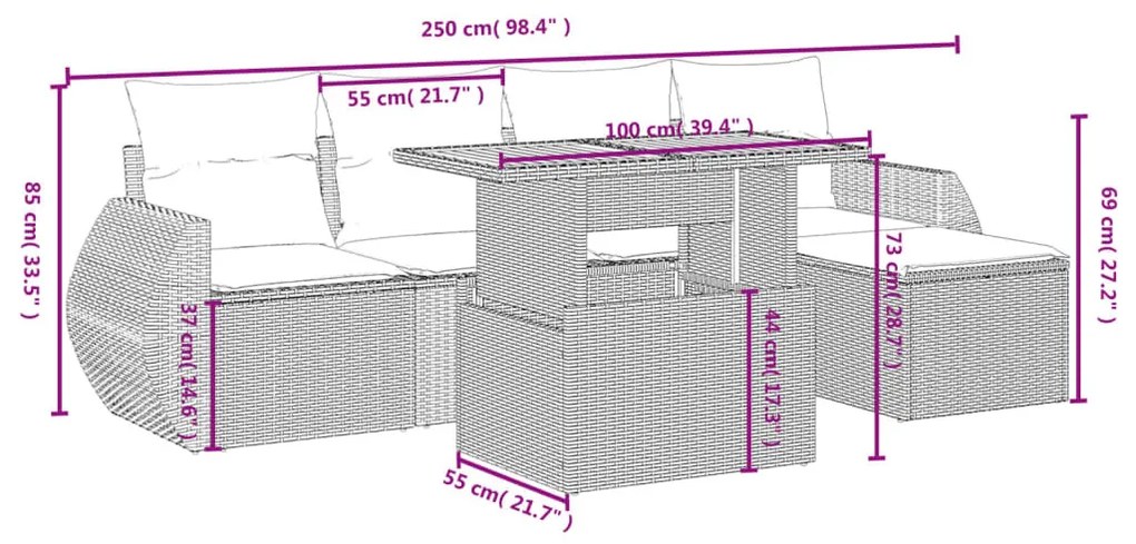 6 részes bézs polyrattan kerti ülőgarnitúra párnával