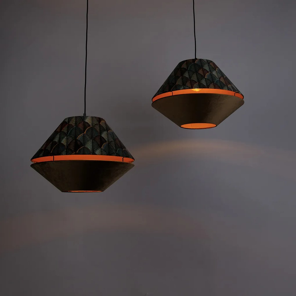 Fekete függőlámpa dupla, bársony lámpabúrával, levélmintával és bézs színű 2-lámpás - Cava Luxe