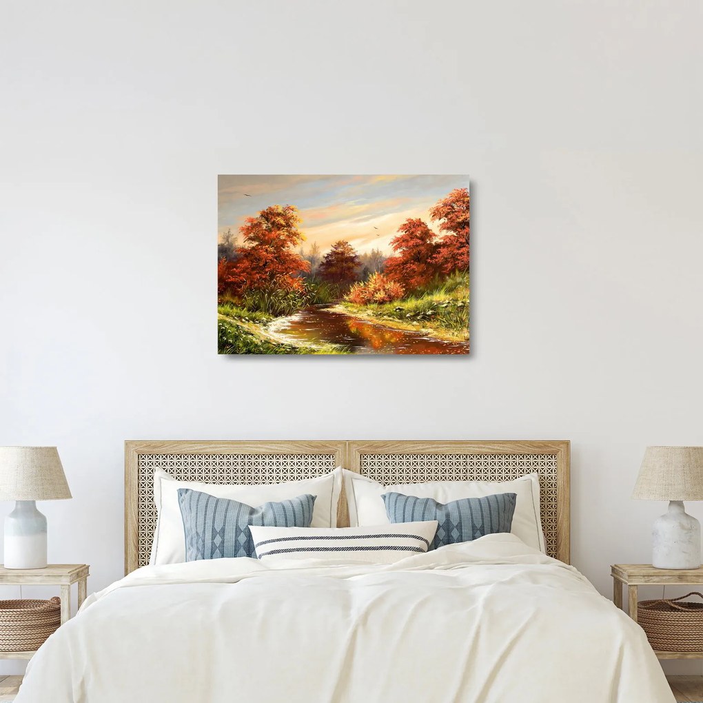 Kép egy folyóról egy őszi tájban, olajfestmény (üvegen) (70x50 cm)