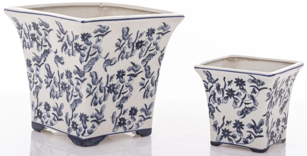 Törtfehér vintage szögletes porcelán 2db-os virágtartó kaspó szett kék virágokkal festve 11x12x12 / 17,5x18,5x18,5cm