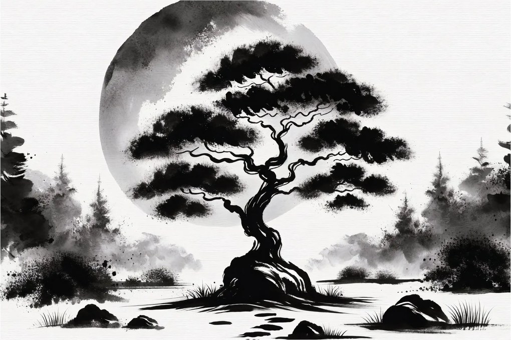 Kép – Fekete-fehér bonsai (90x60 cm)