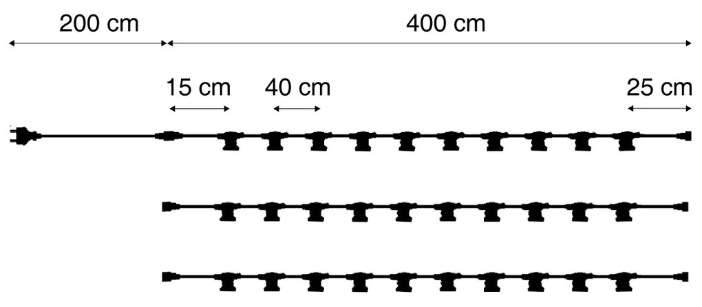 Összekapcsolható fekete fényfüzér dugóval 14m 30 izzóval IP44 - Lubber