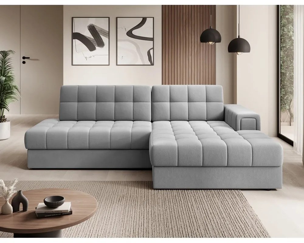 Szürke bársony kinyitható sarokkanapé (jobb oldali-heverő résszel) Blezalt – ELTAP