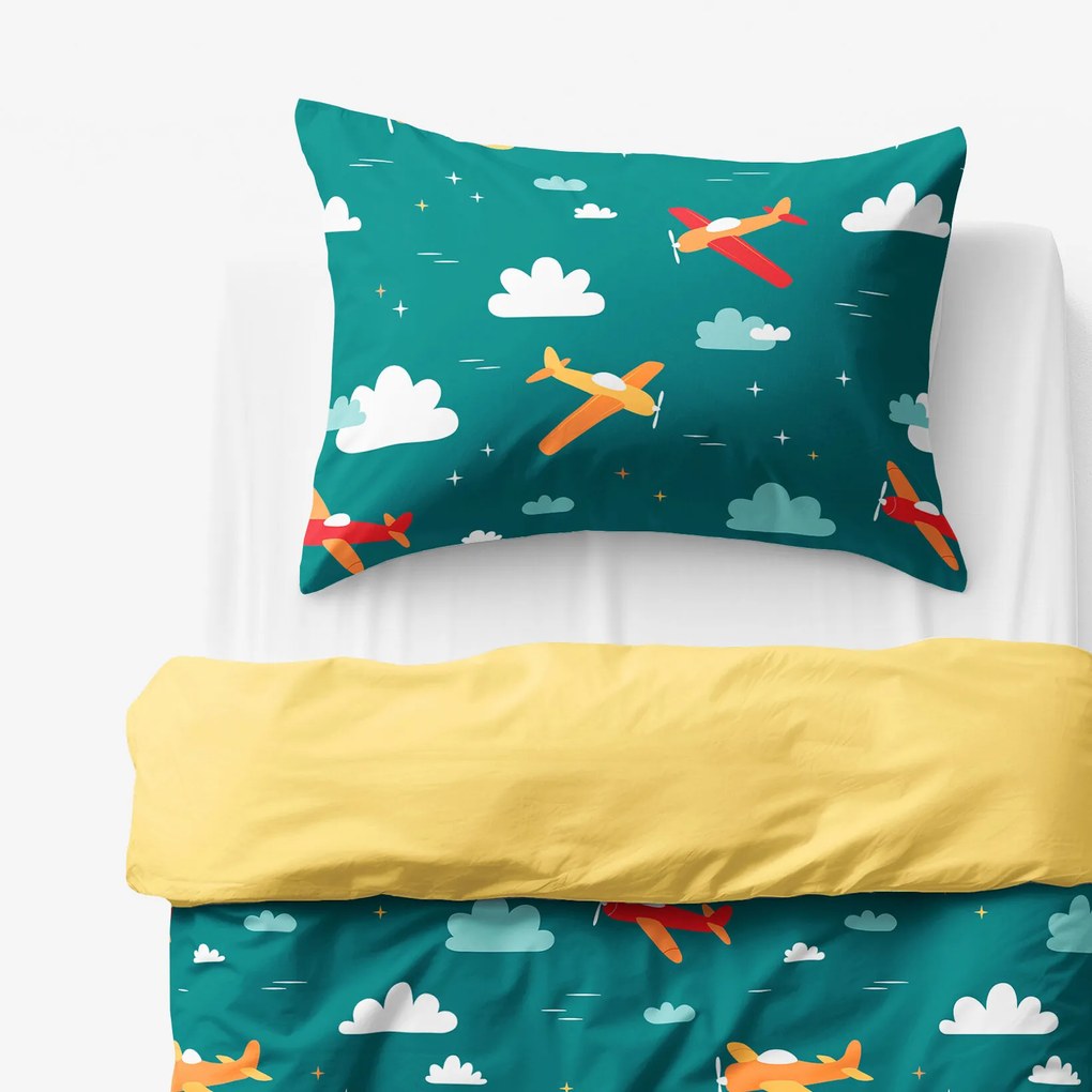 Goldea gyermek pamut ágyneműhuzat duo - repülős kalandok, sárga hátoldal 150 x 200 és 50 x 60 cm