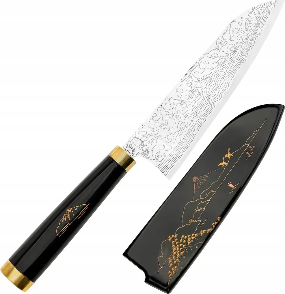 Takeshi Saji Art Fuji Unique Kovácsoltvas R-2 Japán Santoku kés 18cm és Saya