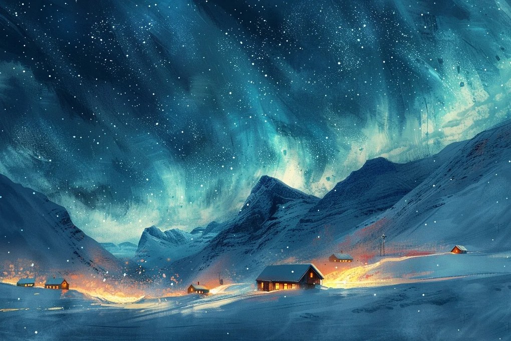 Vászonkép Canvas Tájkép Éjszaka Északi Fény Tél Hó Hegyek 60x40