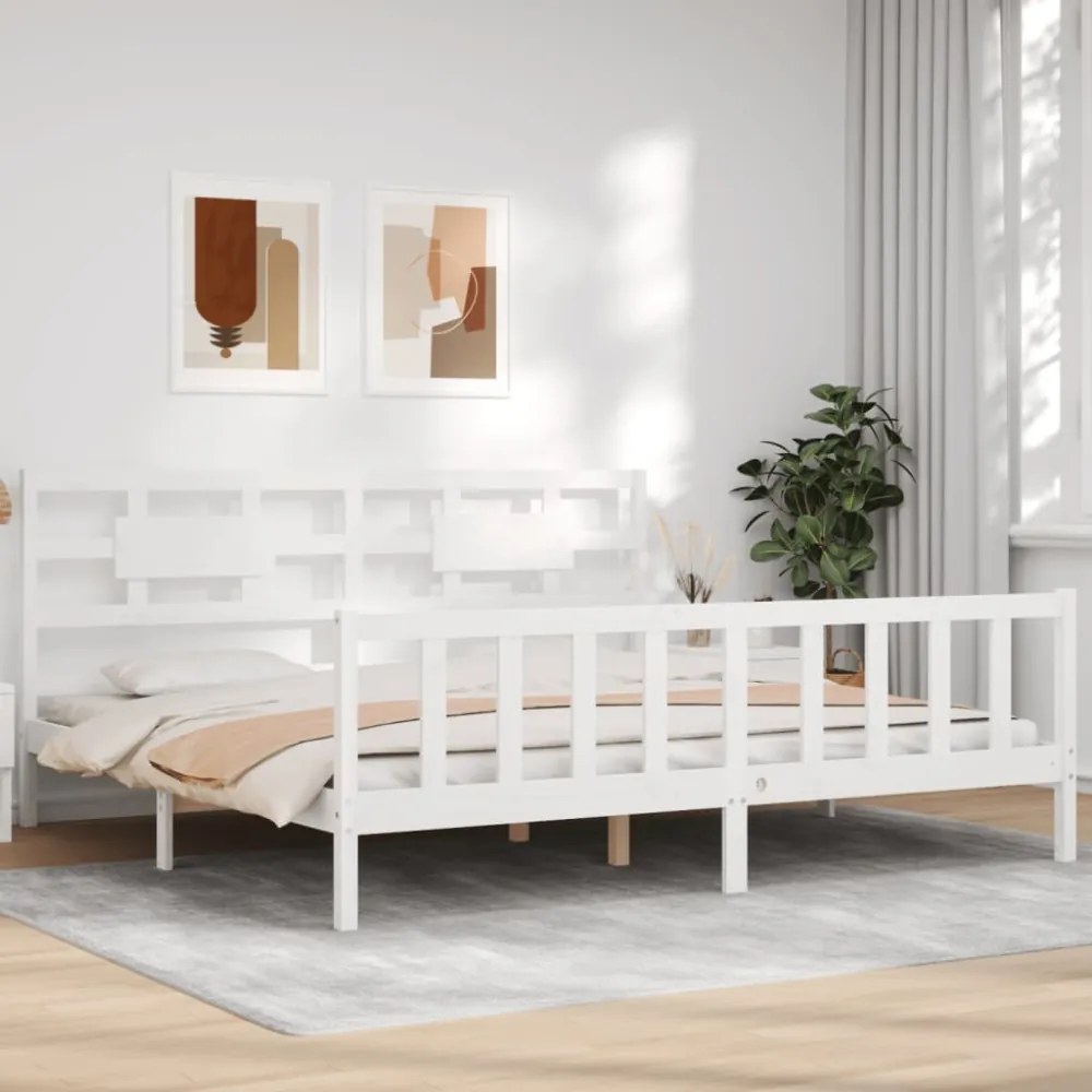 fehér tömör fa ágykeret fejtámlával Super King Size