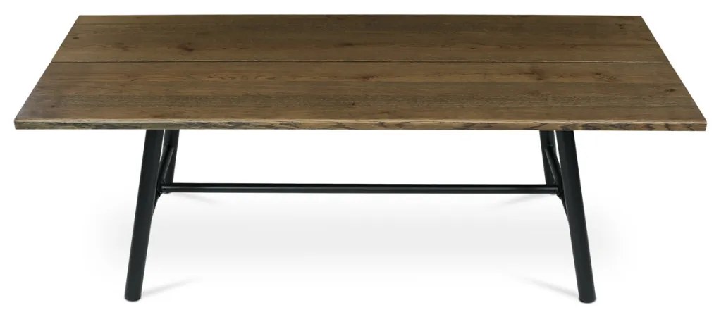 Masă de sufragerie, 220x90cm, furnir, culoare nuc, picioare din metal negru