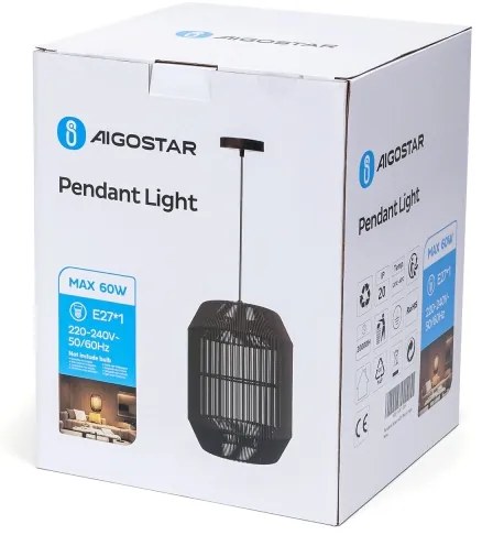 Aigostar - Kábeles függeszték 1xE27/60W/230V, fekete, átmérő 23 cm