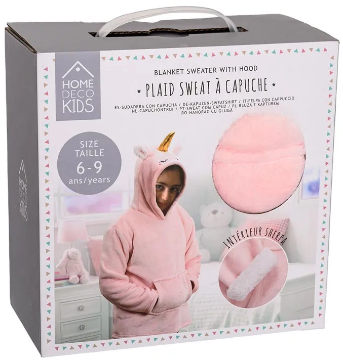 HOODIE UNICORN rózsaszín gyermek ujjas pléd ujjal és kapucnival
