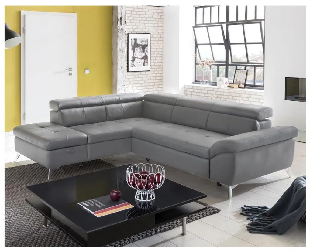 Bőrkárpitos, jobbos, L-alakú SALERNO II sarokkanapé, szürke