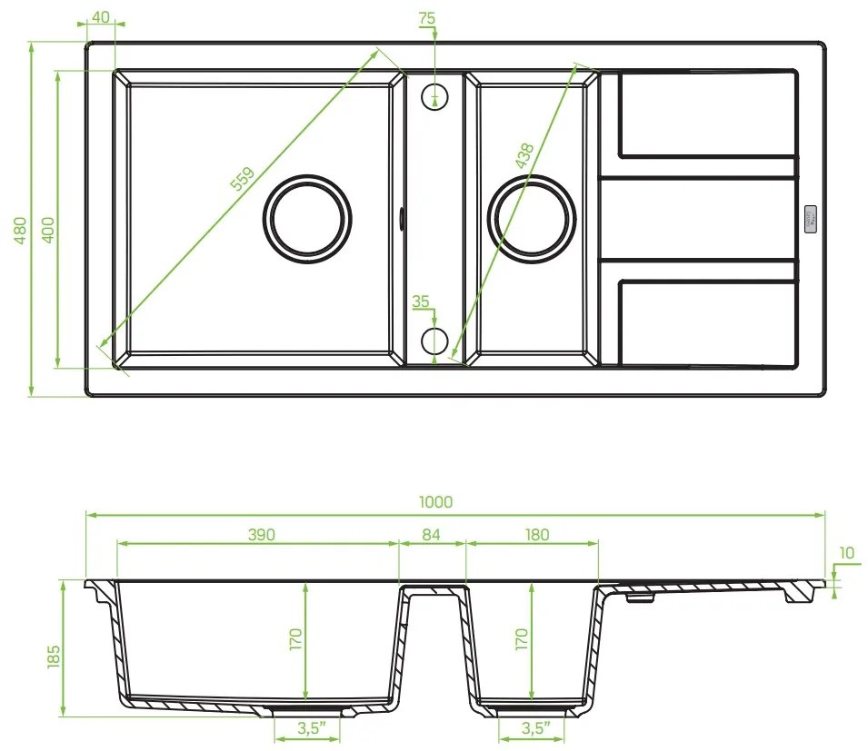 Laveo Barbados, 1,5 kamrás gránit mosogató 1000x480x185 mm, fekete pettyes, LAV-SBB_731T