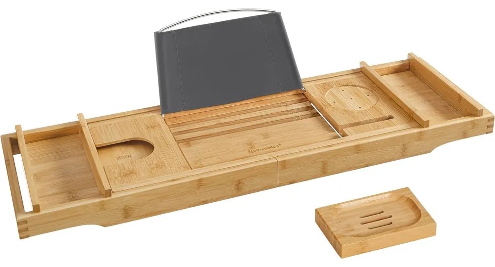 Fürdőkádra helyzhető bambusz tálca ital- és könyvtartóval 75-109 cm