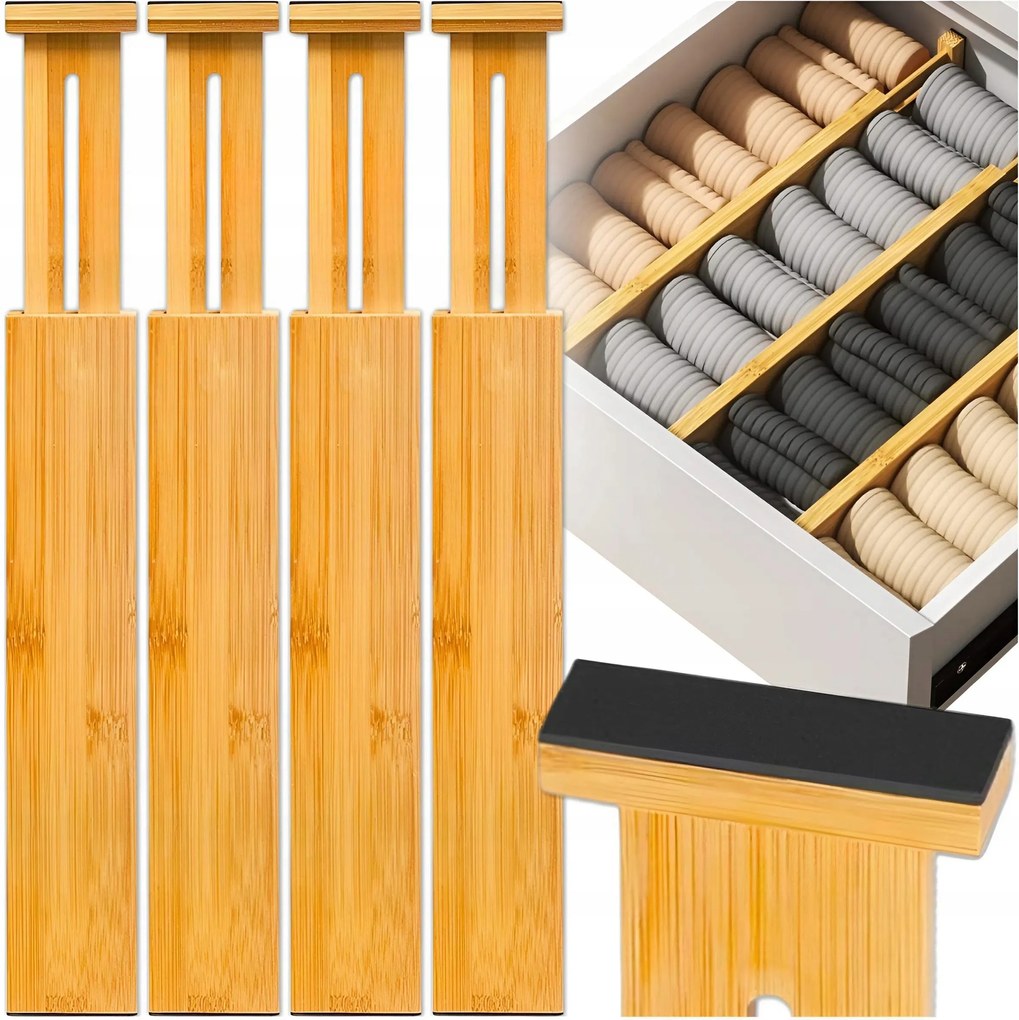 4x Fiókrendező Rekesz Elválasztó Bambusz Rekeszek 4 Db-os Készlet