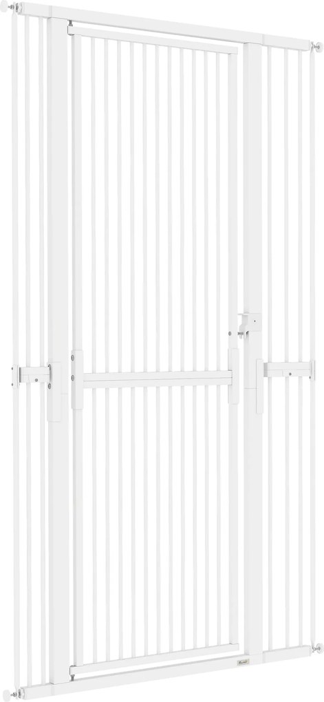 PawHut 180 cm magas állatbiztonsági kapu — állítható 76–104 cm szélesség, 3,5 cm pálcaköz, nyomásos vagy csavaros rögzítés, kézi zár, fehér | Aosom