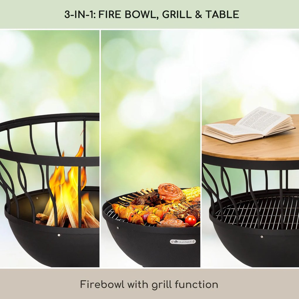 Blumfeldt Nantai, 3 az 1-ben tűzrakóhely grillel és asztallal, Ø 66 cm, Ø 50 cm grill rostély, acél, bambuszlap