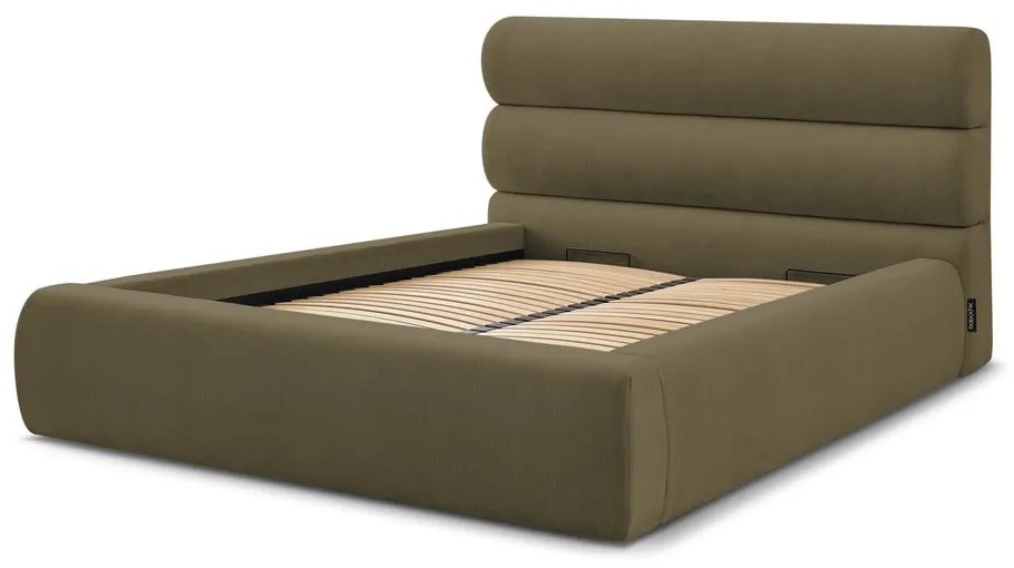 Sötétzöld kárpitozott franciaágy tárolóhellyel, ágyráccsal 160x200 cm Jagna – Bobochic Paris