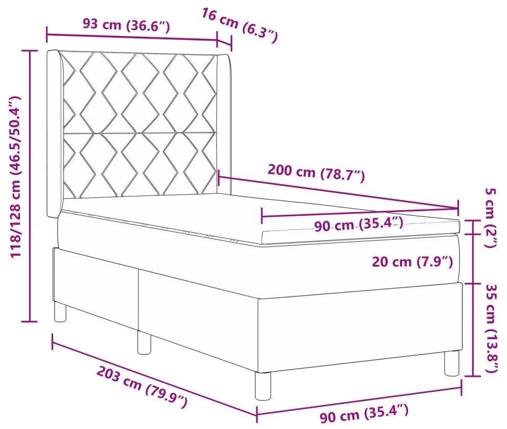 Boxspring Ágy Matrac + LED Kék 90x200 cm Szövet