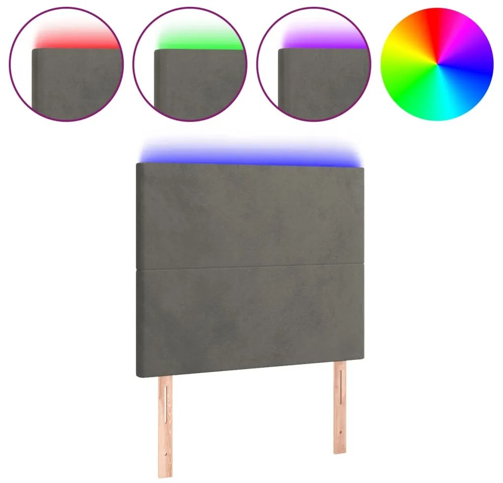 sötétszürke bársony LED-es fejtámla 80x5x118/128 cm
