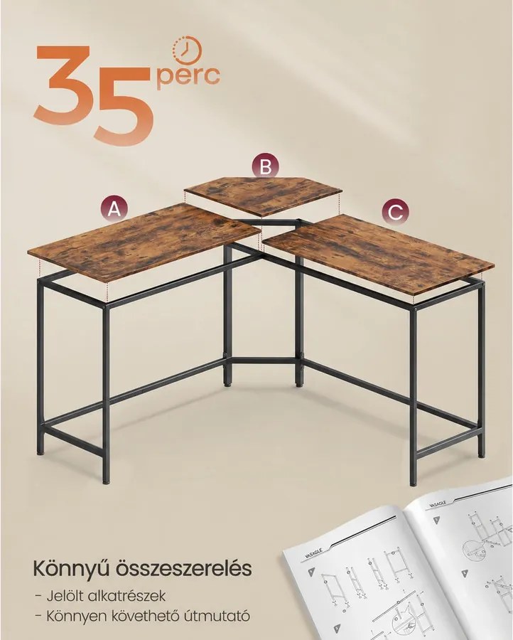 L alakú sarok íróasztal, számítógépasztal, 140 x 140 x 74,7 cm, rusztikus barna/fek
