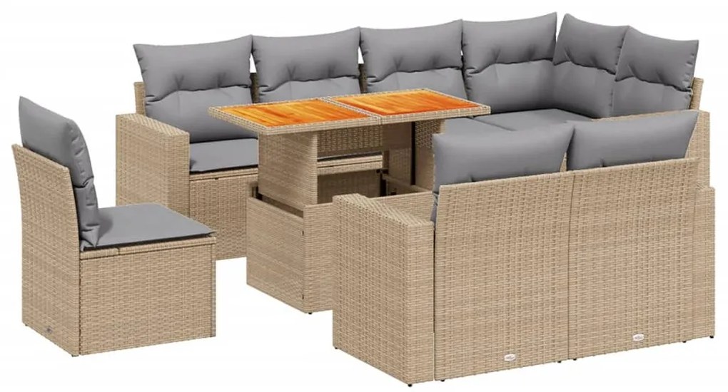 9 részes bézs polyrattan kerti ülőgarnitúra párnákkal