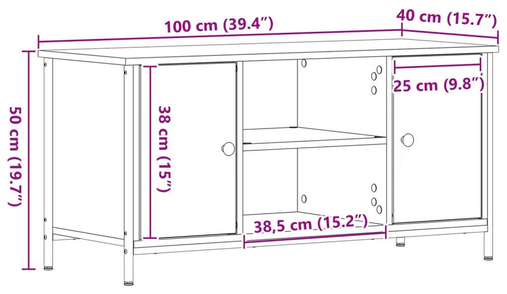 TV Szekrény Kézműves Tölgy 100x40x50 cm Mérnök Fa és Acél
