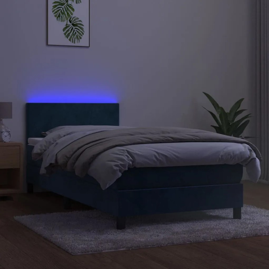 sötétkék bársony rugós és LED-es ágy matraccal 90x190 cm