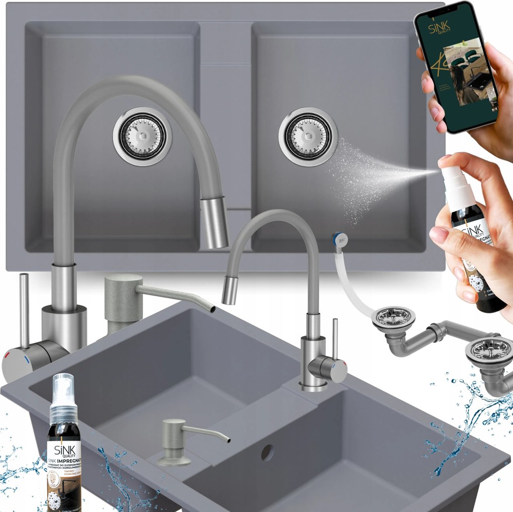 Mosogatótálca Kétrekeszes Gránit Szürke Csaptelepes Konyhai Szifon adagoló