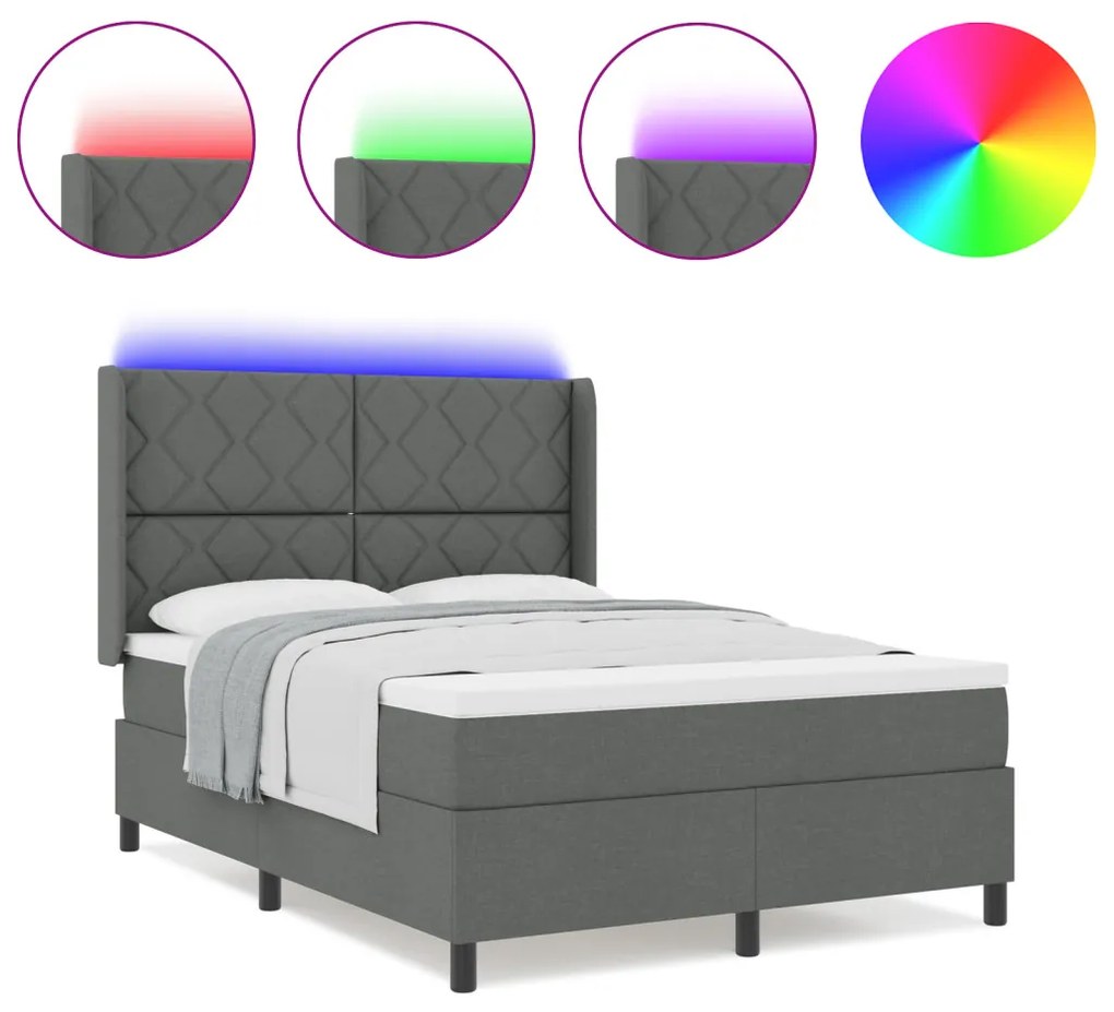 Boxspring Ágy Matraccal és LED világítással Sötétszürke 160x200 cm Szövet