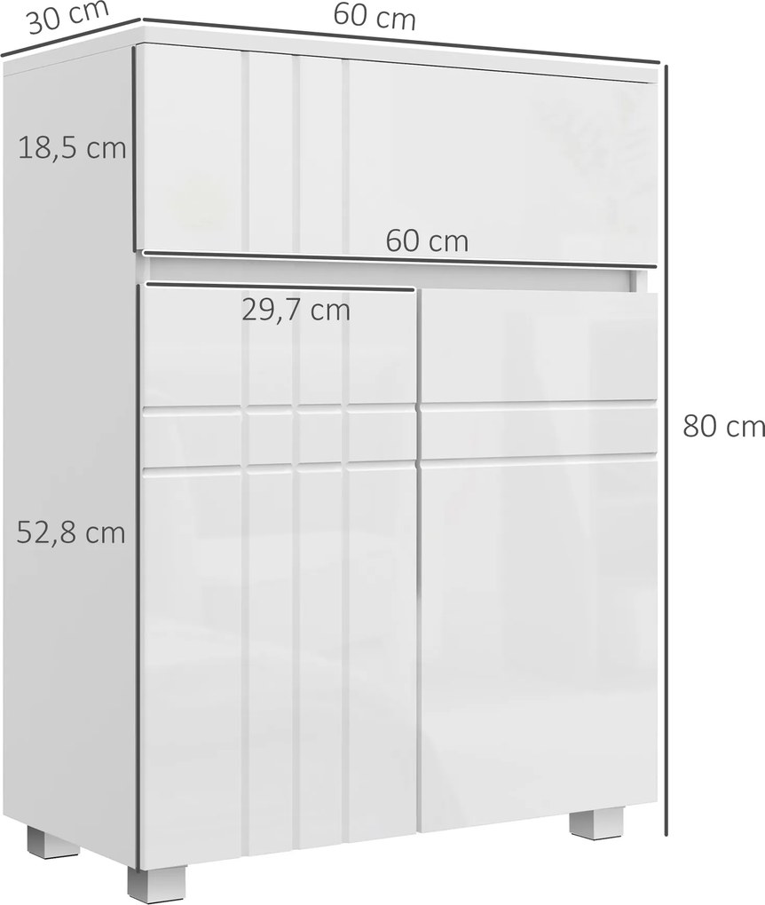 Kleankin Szabadonálló Fürdőszoba Tároló Szekrény 2 Ajtóval és 1 Fiókkal, Állítható Polccal, Fényes Fehér, 60Sz x 30Mé x 80Ma cm | Aosom