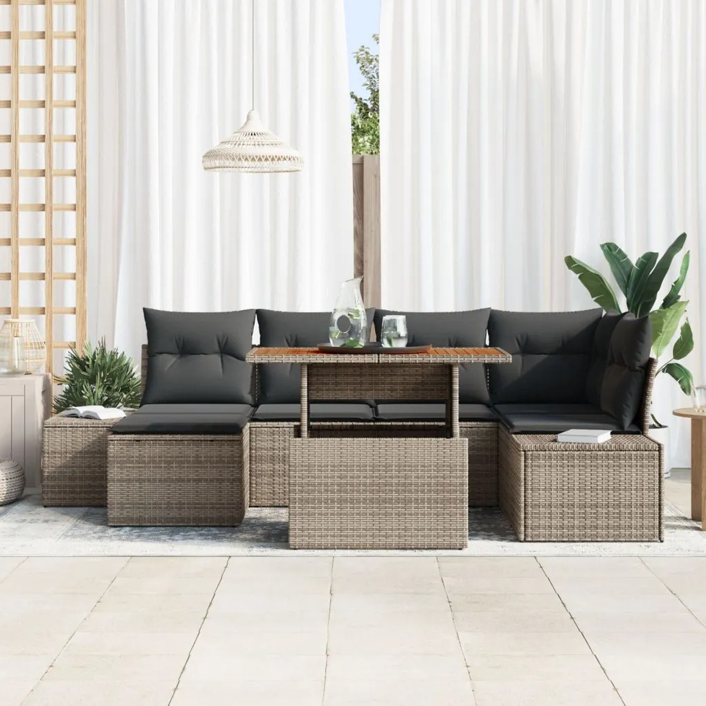 7 darabos kerti sofa szett párnákkal szürke poli rattan