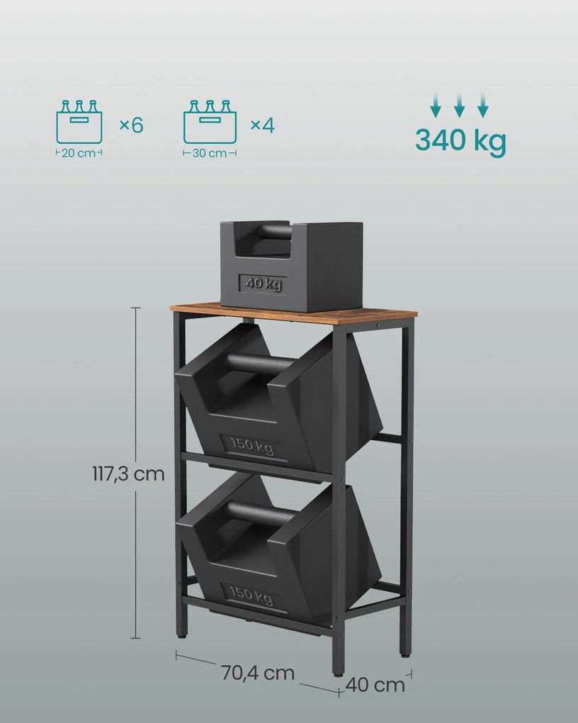 2 szintes, 4 rekeszes acél ital tároló állvány, vintage barna és fekete