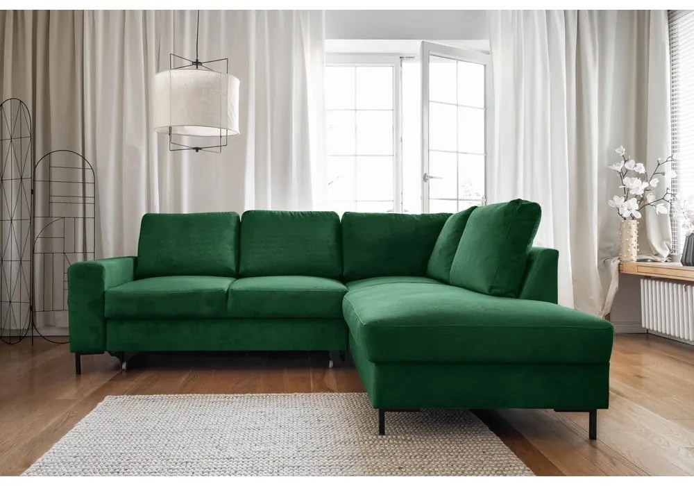 Sötétzöld kordbársony kinyitható sarokkanapé (jobb oldali) Lofty Lilly – Miuform