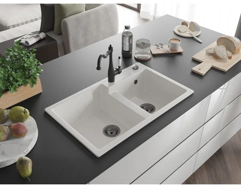 Mexen Tomas, gránit mosogató 800x500x190 mm, 2 kamrás és mosogató csaptelep Carla, fehér, 6516-20-670700-70