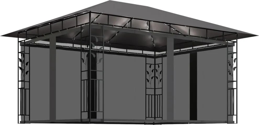 vidaXL antracit pavilon szúnyoghálóval/LED fényfüzérrel 4 x 3 x 2,73 m
