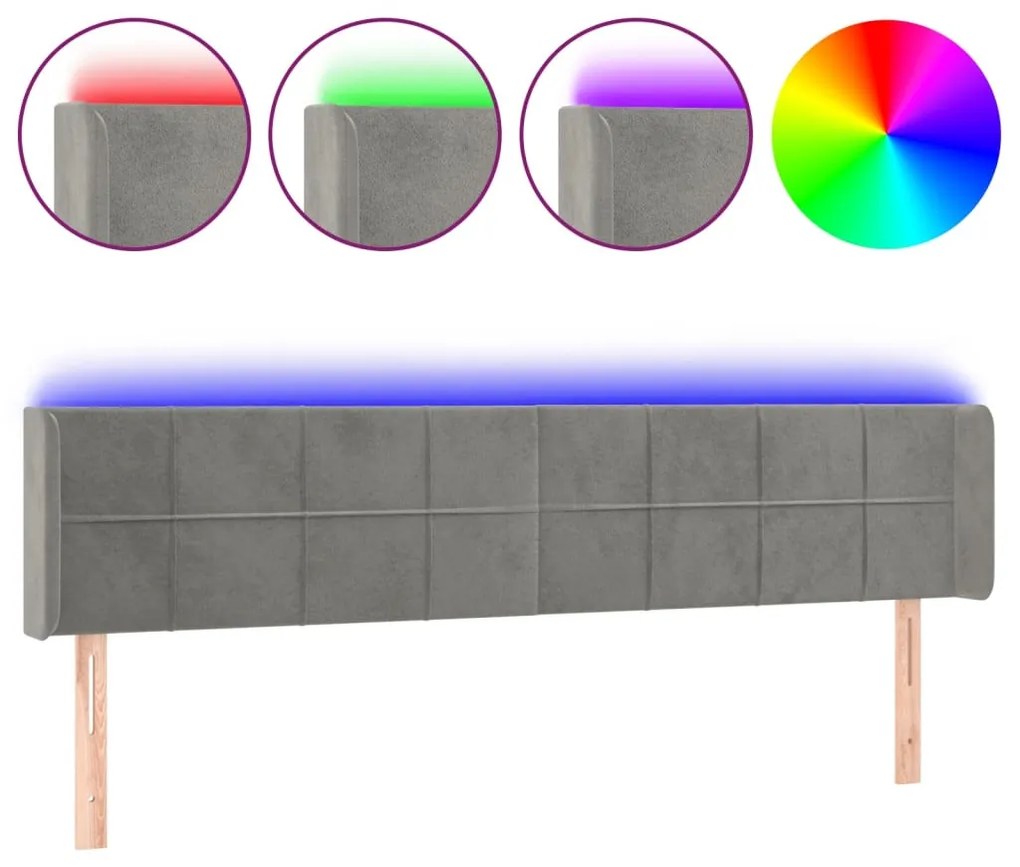 világosszürke bársony LED-es fejtámla 183 x 16 x 78/88 cm