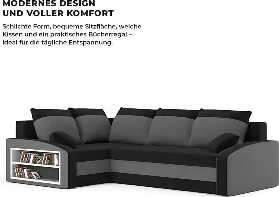 Grande sarokkanapé polcokkal , polc a bal karfaban, baloldali, szövet anyag, hab töltet, fekete - szürke