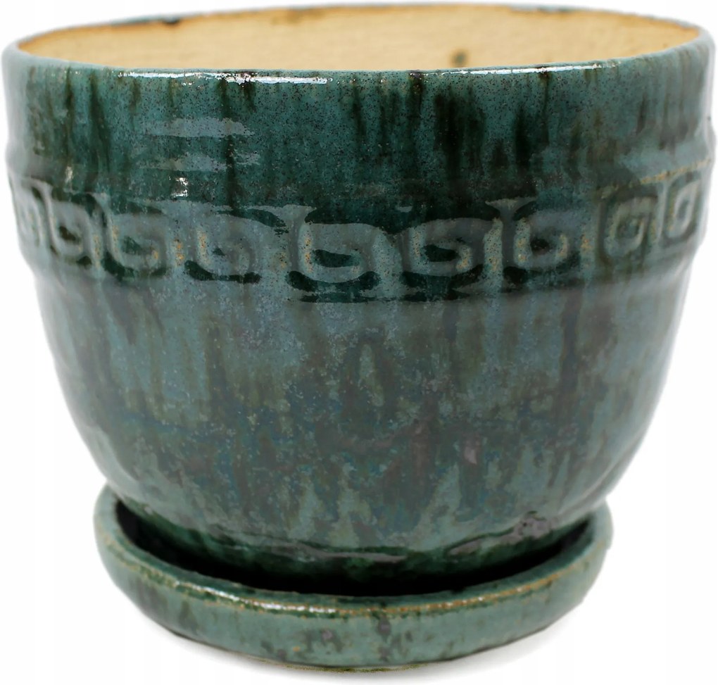 Virágtartó fedél Ø-18,5 cm, talpa görög mintás türkiz-zöld