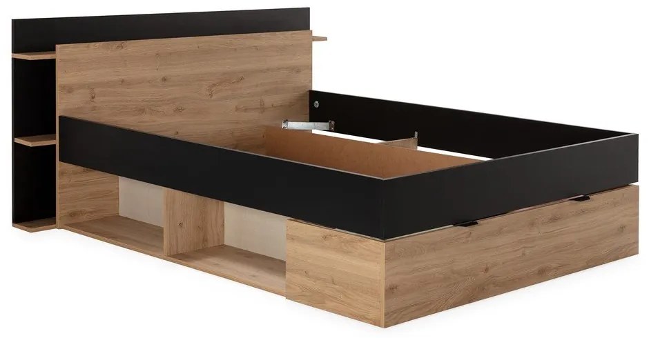 Fekete-natúr színű ágyneműtartós franciaágy ágyrács nélkül, tölgyfa dekorral 160x200 cm Albo – Marckeric